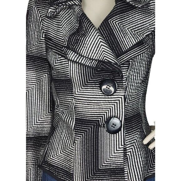 Joseph Ribkoff Chevron Print Black & Silver Tiered High Collar Peplum Jacket - Picture 8 of 14